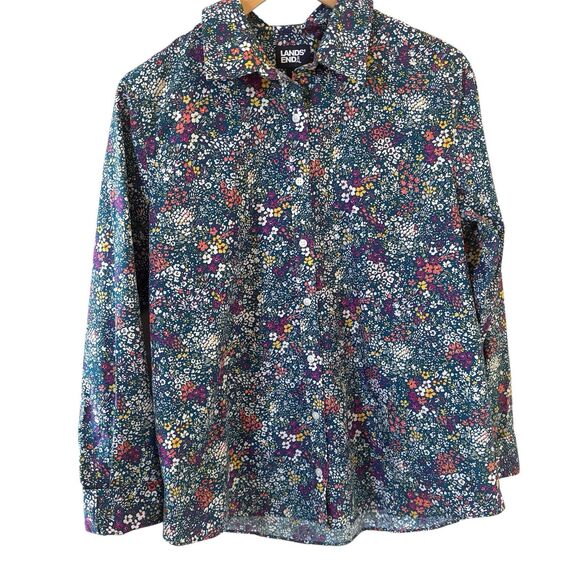 Lands End Womens AO Floral Shirt 10 Blue Ditsy Button Up Supima Classic Tropical - Picture 1 of 13